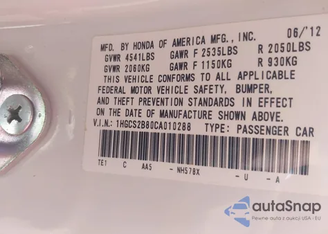 2012 Honda Accord 3.5 Ex-L z USA, uszkodzony, nr VIN 1HGCS2B80CA010288